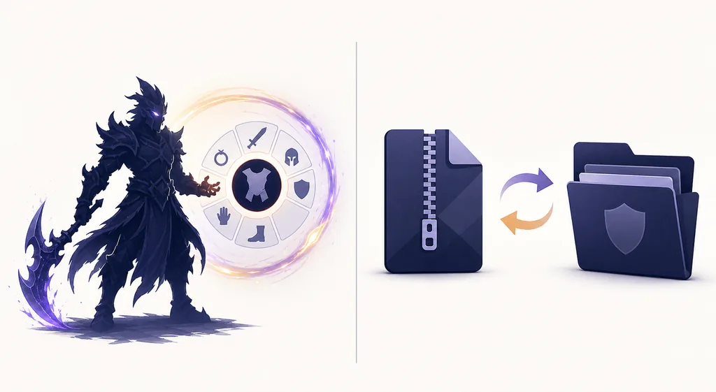 Concept illustration comparing an official item-effect loadout with a local VPK or ZIP mod